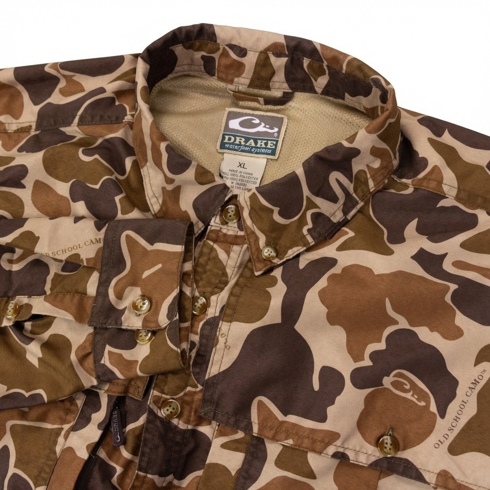 Drake Waterfowl Systems Old School Camo Hunting Shirt Mens XL Brown Poly‎ Vented